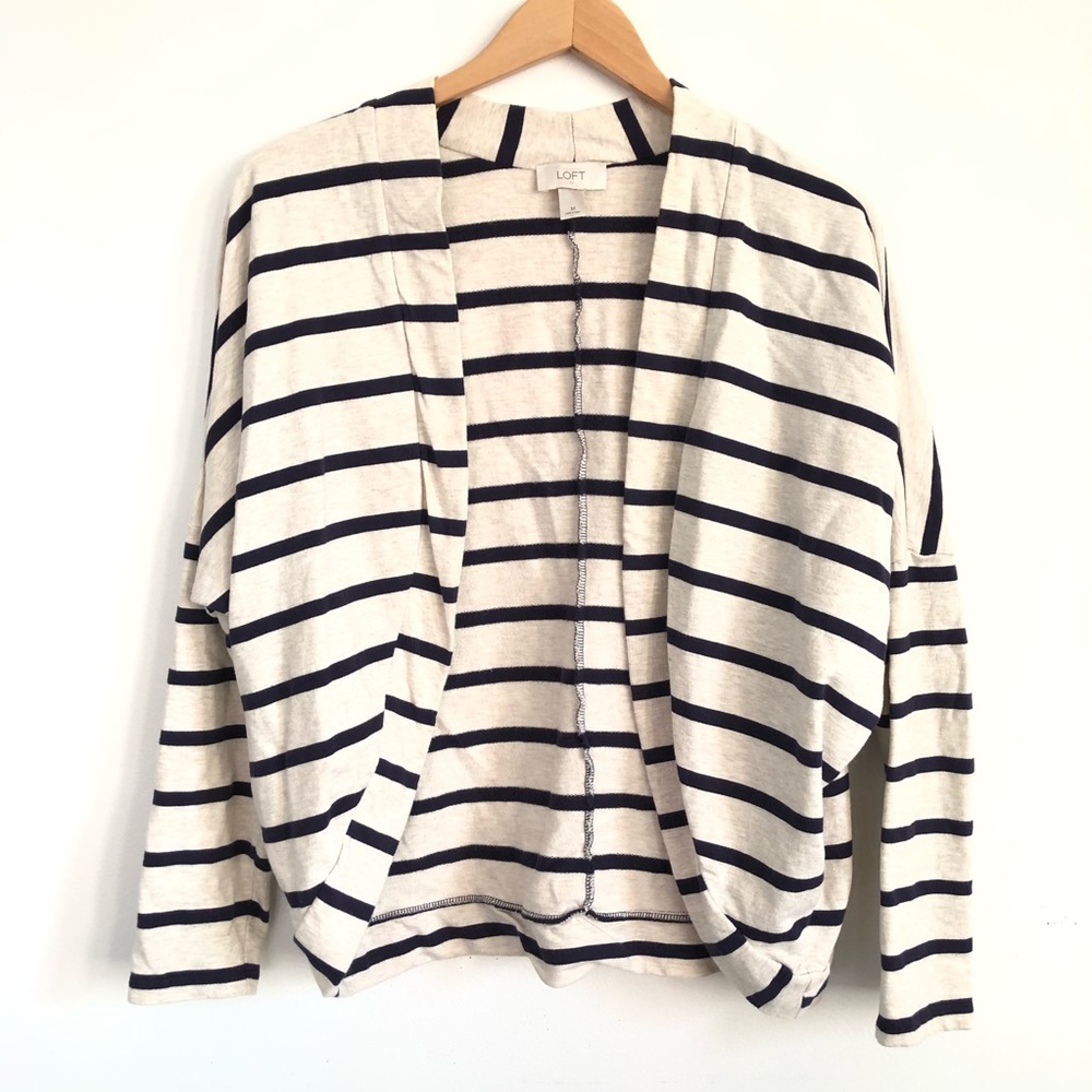 LOFT creme and navy striped cocoon cardigan